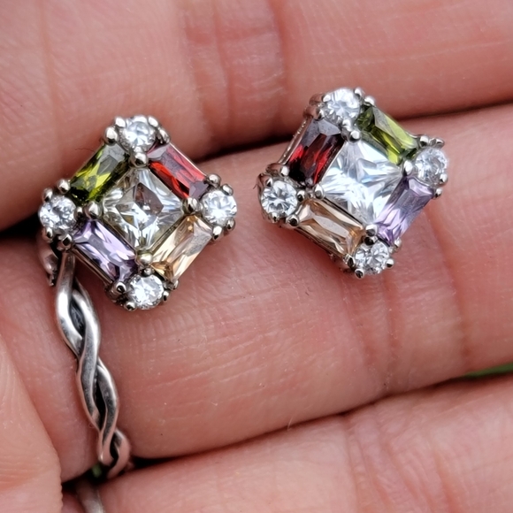 Stunning sparkling multi colored topaz 925 sterling silver diamond earrings - Picture 6 of 15